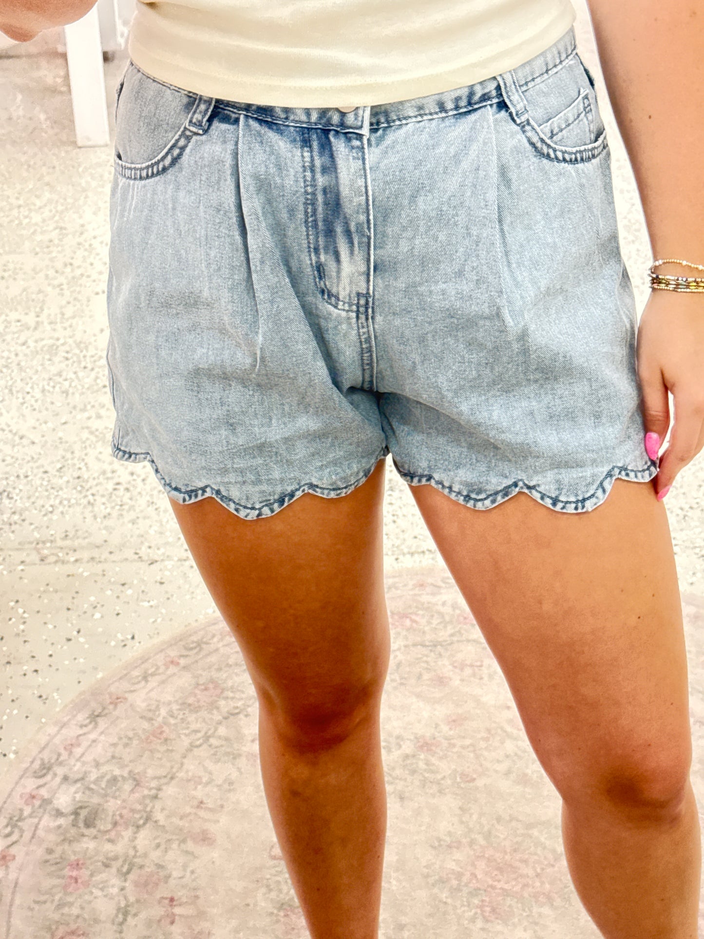Scalloped denim shorts