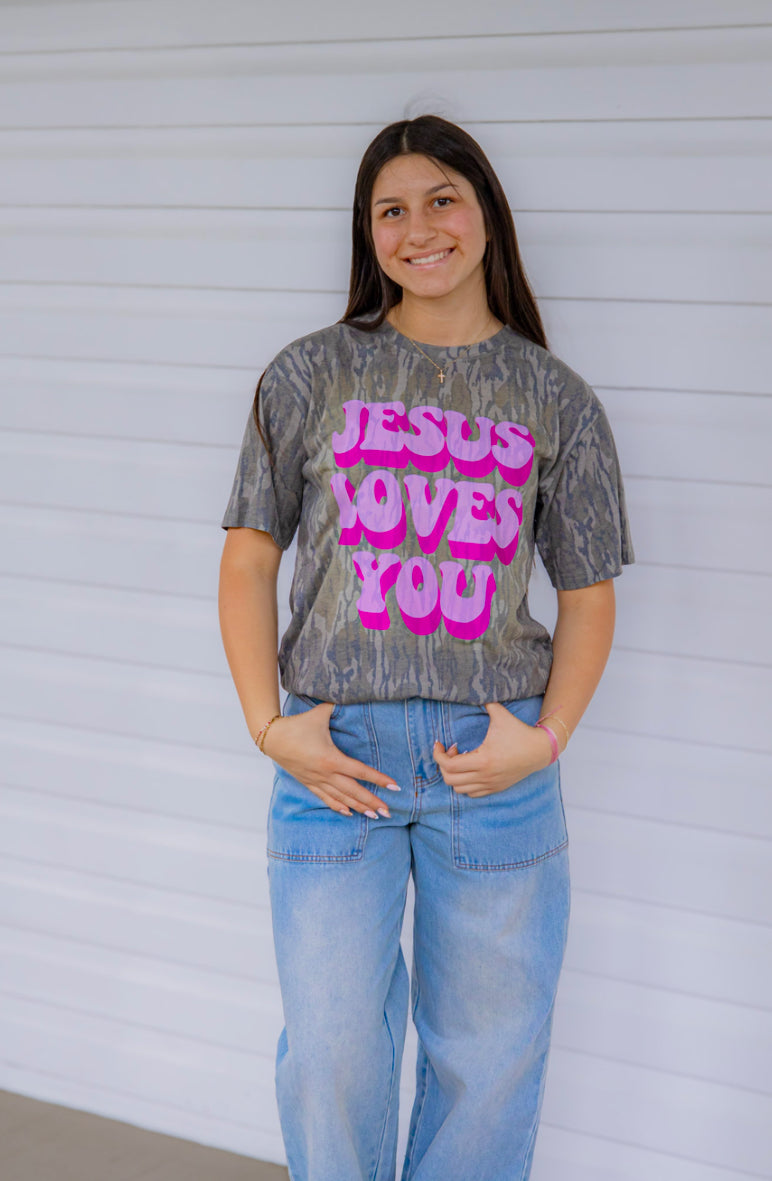JESUS LOVES YOU on mossy oak tee!