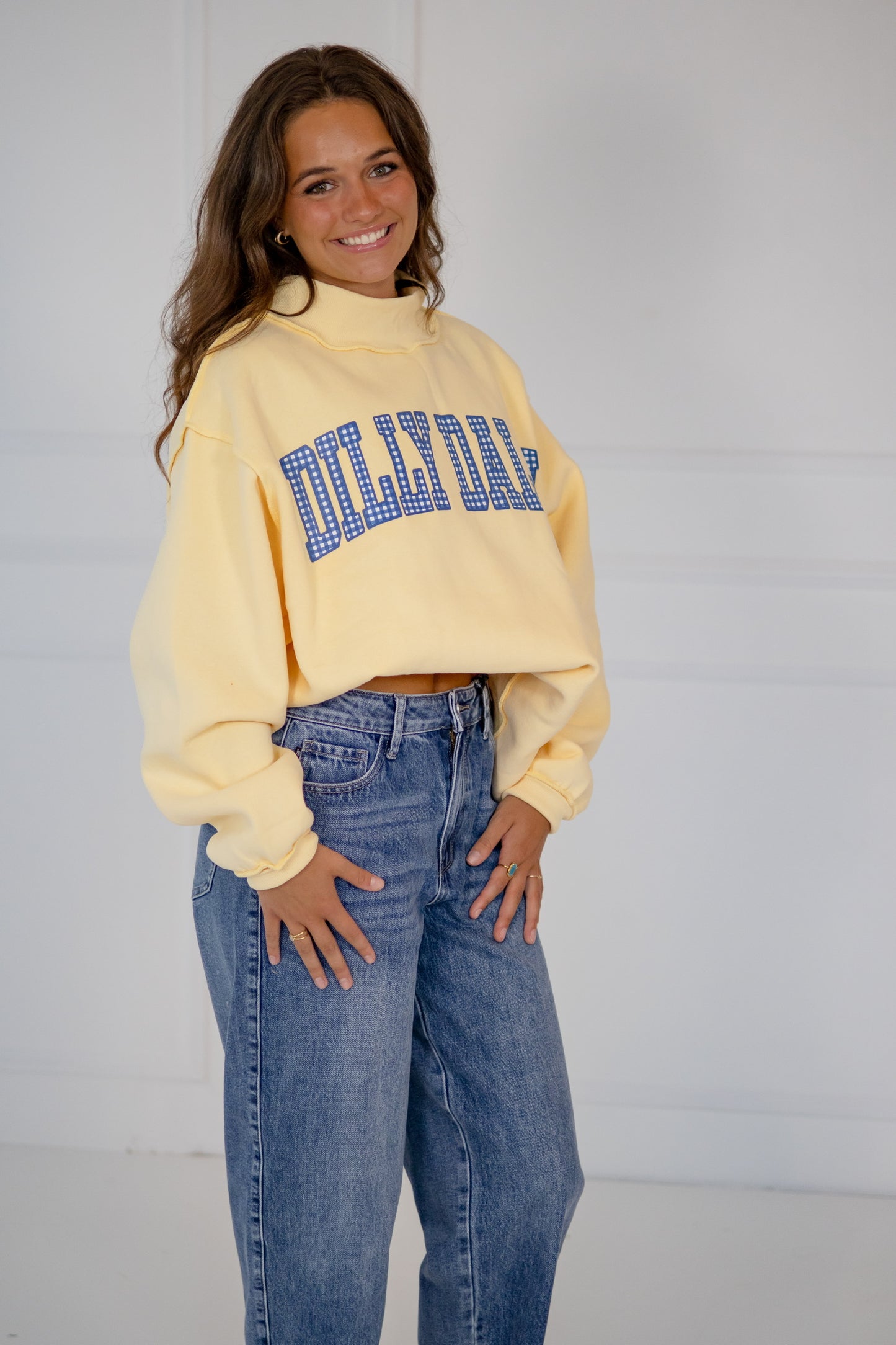Dilly Dally/Lolly Gag Reversible Mock Neck Sweatshirt, Butter Yellow