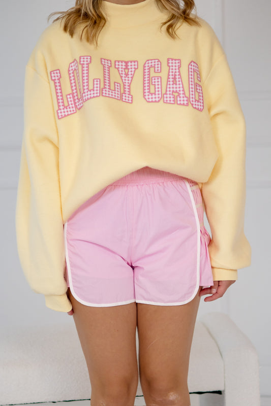 Dilly Dally/Lolly Gag Reversible Mock Neck Sweatshirt, Butter Yellow