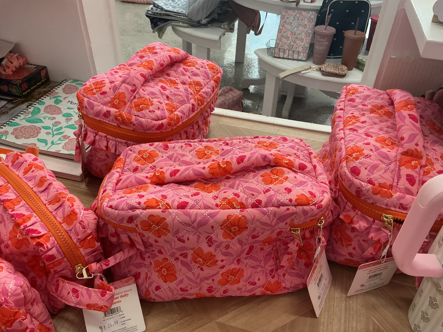 Glam and go quilted cosmetic bags - poppin petals hot pink