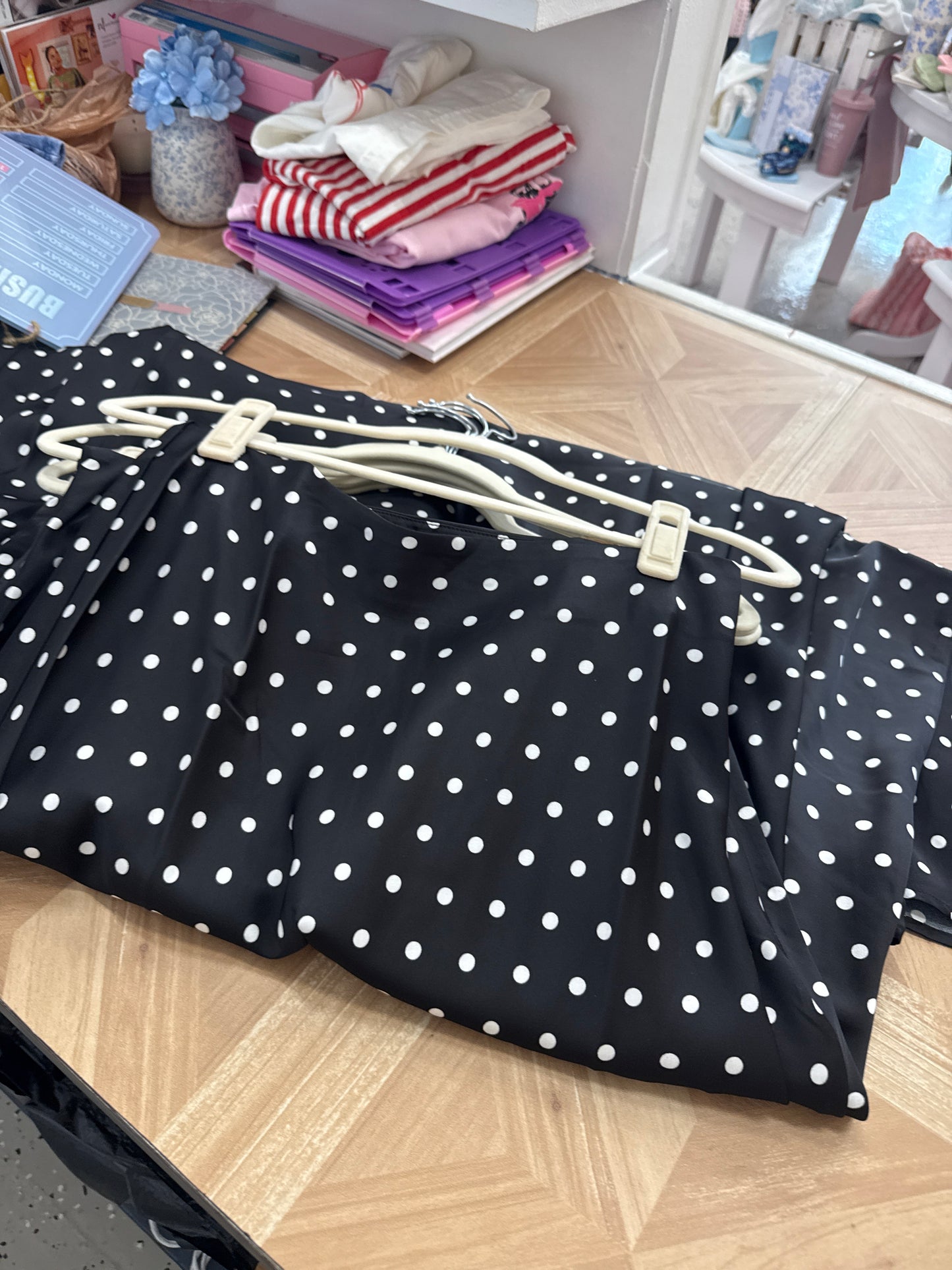 Black-and-white polkadot silk skirt