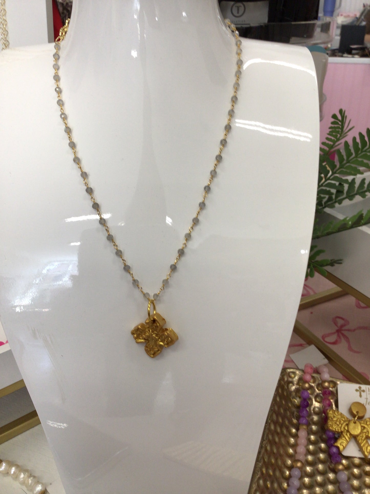 Gray Bead Chain w/Elaina Cross