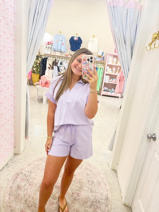 Violet and white stripe collard shirt