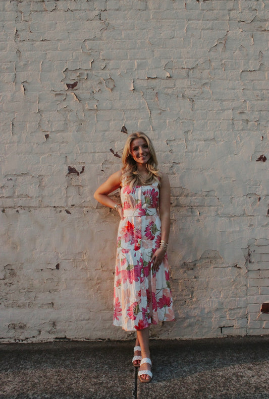 Button Front Sundress w/Self Belt,  Pink/Peach Floral