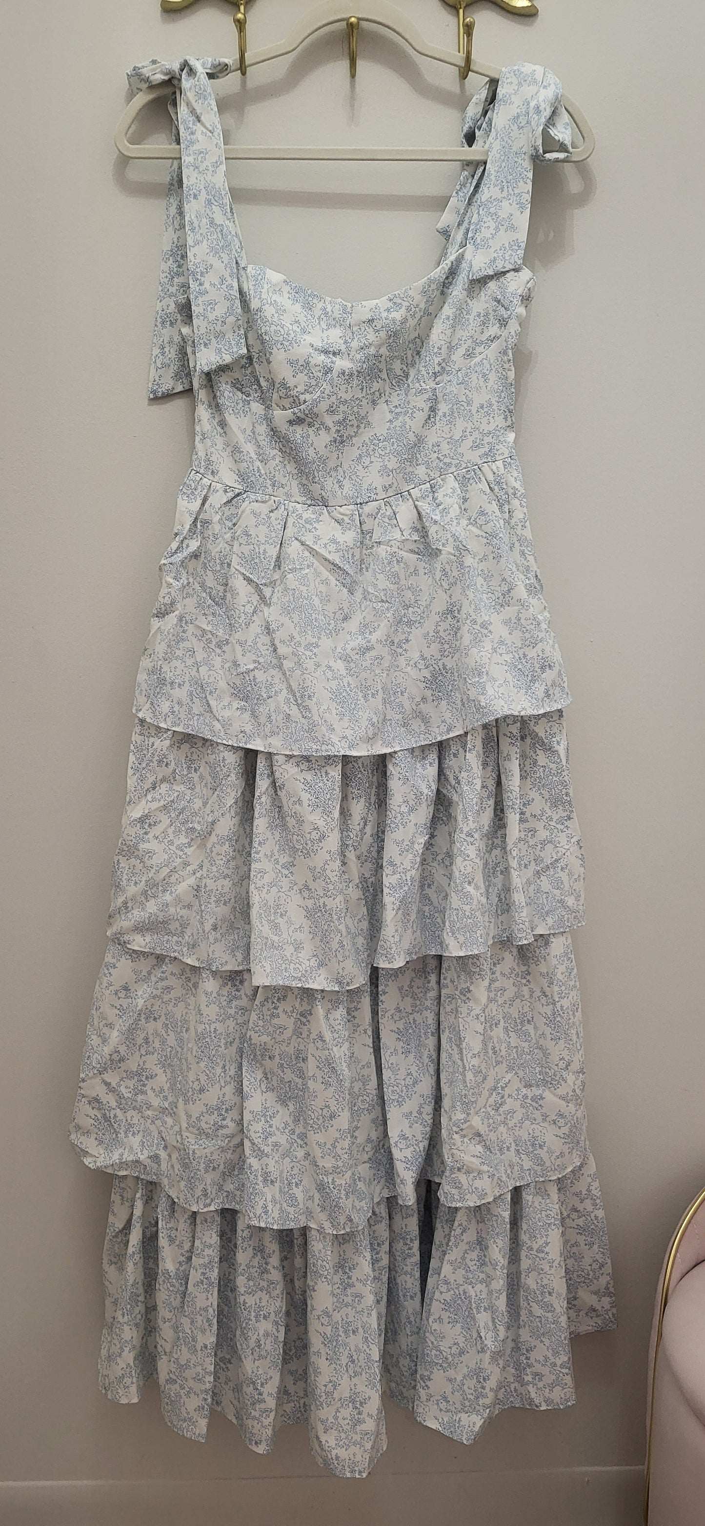 Blue Floral Tiered Maxi Dress w/ Tie Straps