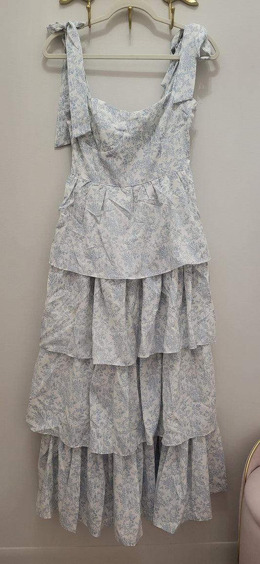 Blue Floral Tiered Maxi Dress w/ Tie Straps
