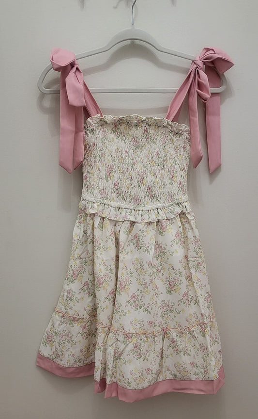 Ribbon Strap Short Sundress, Vintage Floral Yellow/Pink
