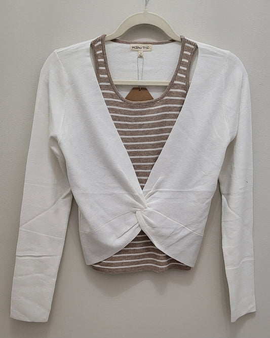 Twist Front Layered Look Sweater, Ivory/Taupe