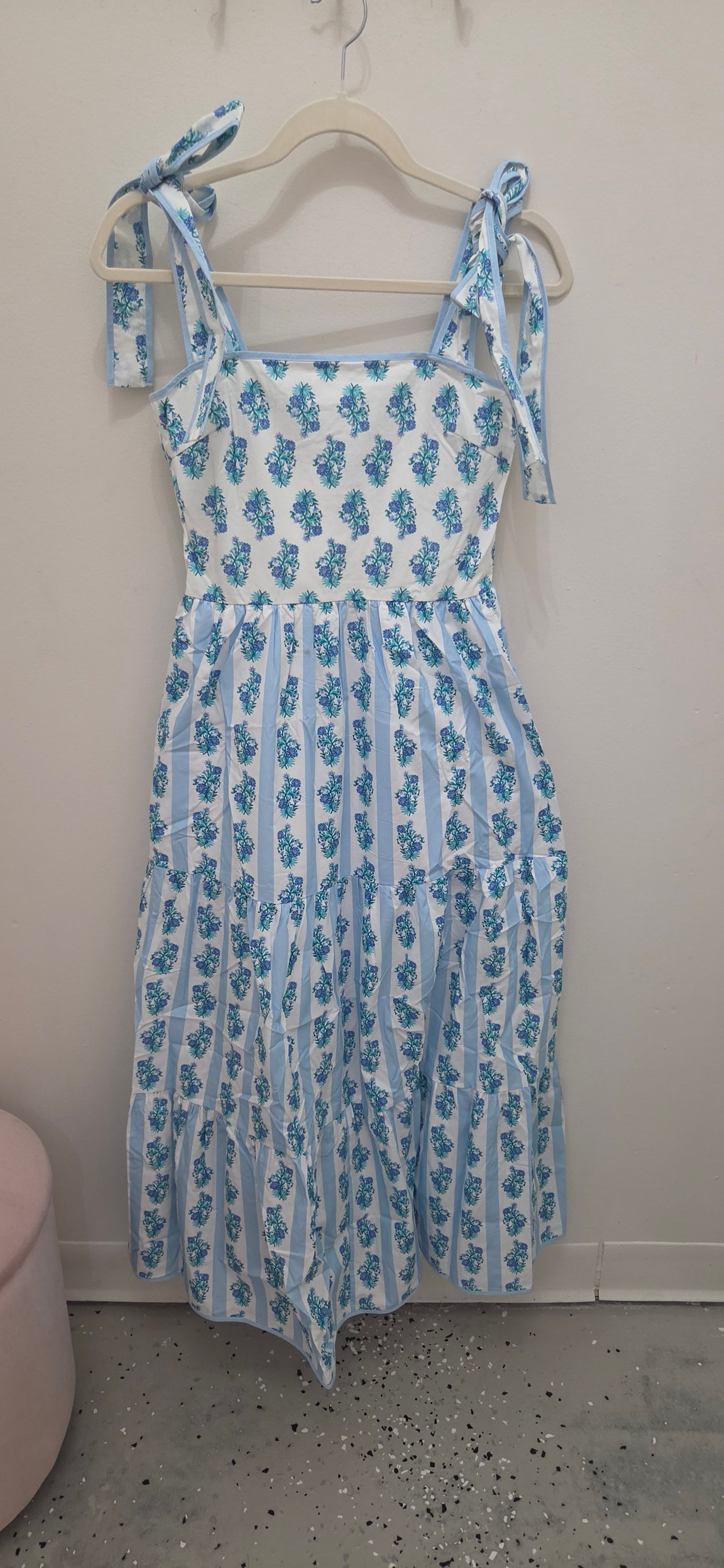 Tie Strap Sundress, Blue/White Floral & Stripe