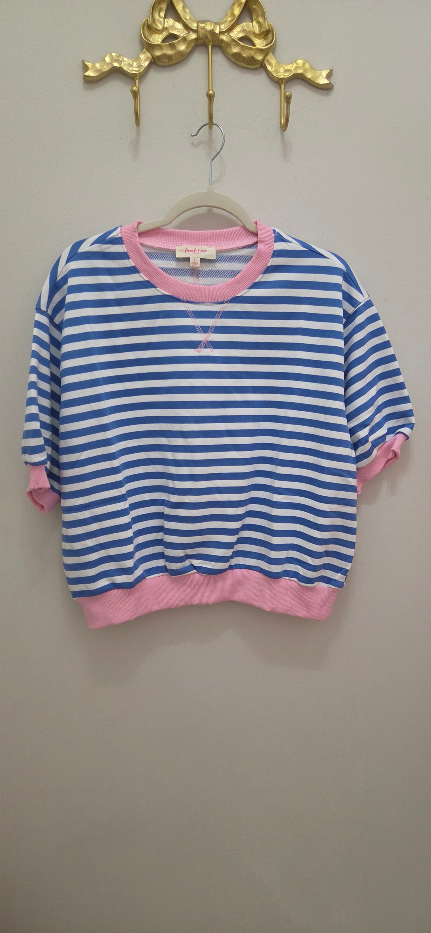 Striped French Terry Crop Sweatshirt, Blue/Lt. Pink