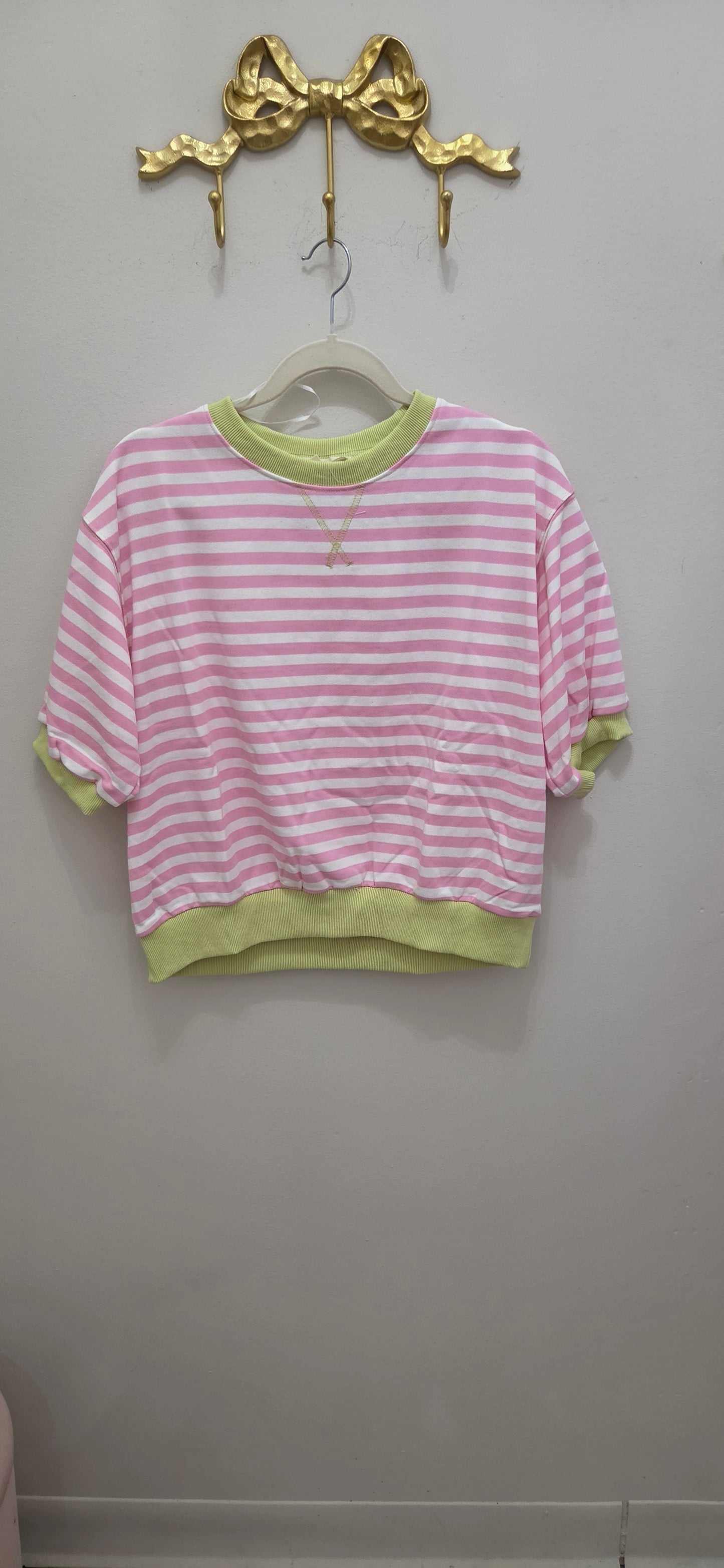 Striped French Terry Crop Sweatshirt, Pink/Lime
