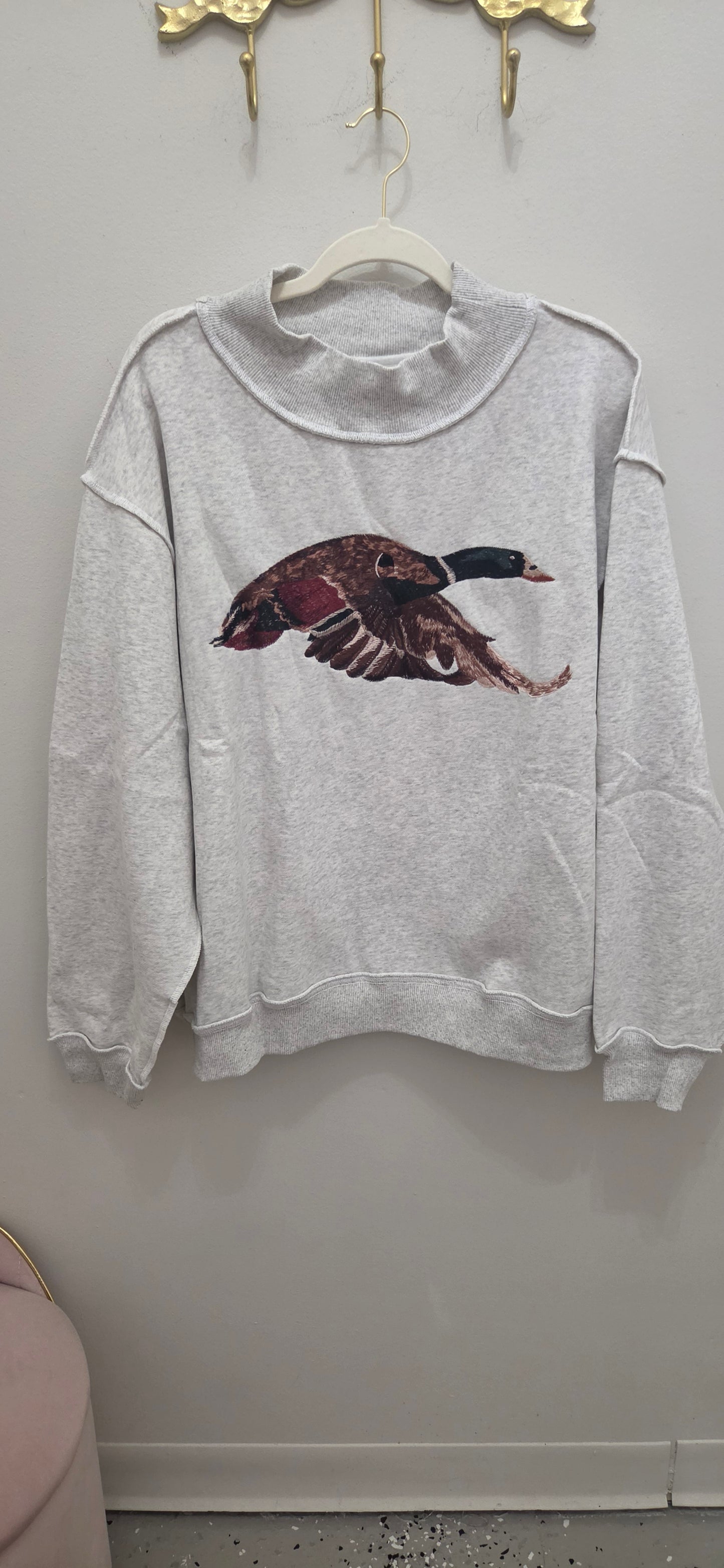 Embroidered Mallard Mock Neck, Ash Grey