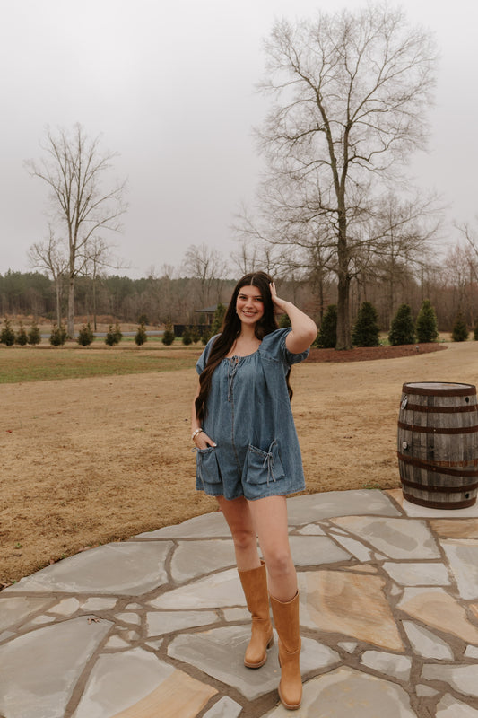 Puff sleeved (DARK) Denim Romper