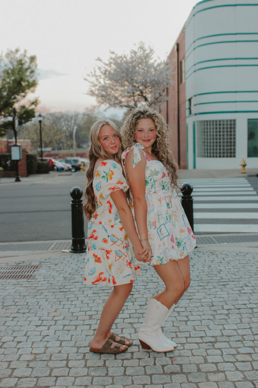 Puff Sleeve Shirt Dress, Beach Picnic Print