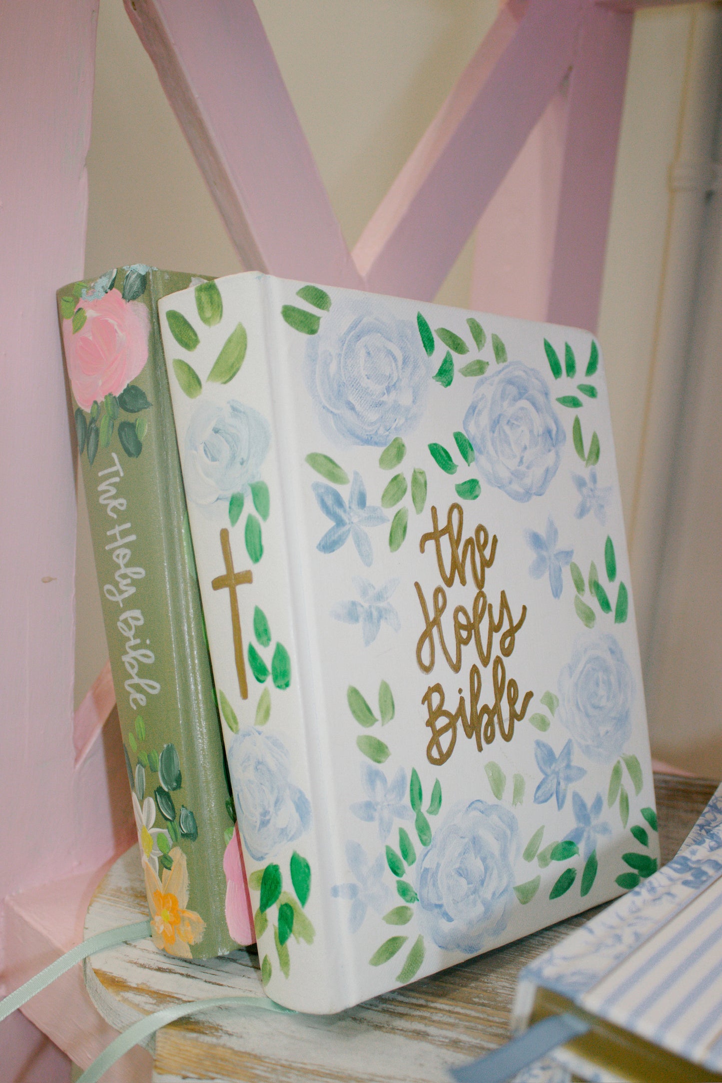 Hand Painted Bible, White & Blue Floral