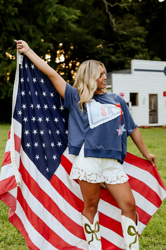 Patchwork lacy navy tee