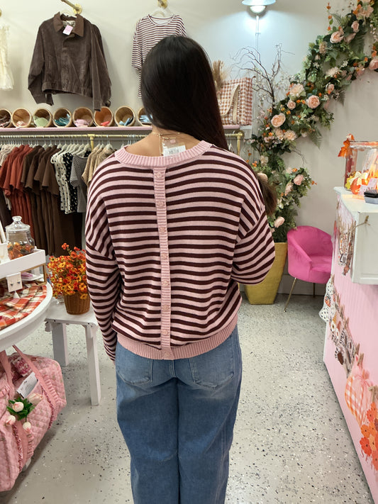 Striped Button Back Sweater, Light Pink/Brown