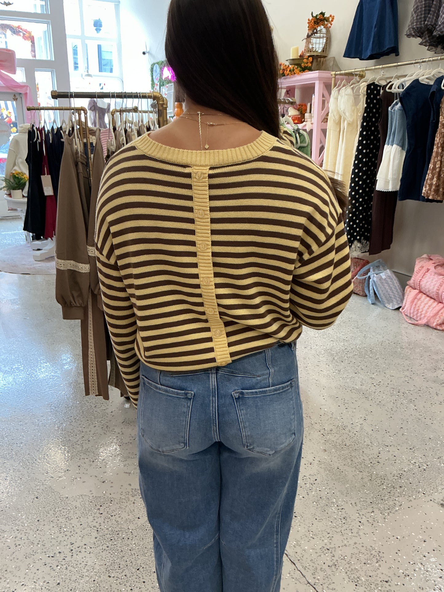 Striped Button Back Sweater, Butter Yellow/Brown