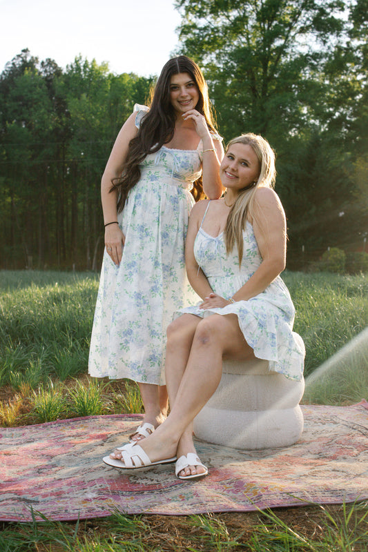 Blue Floral Ribbon Tie Long Dress