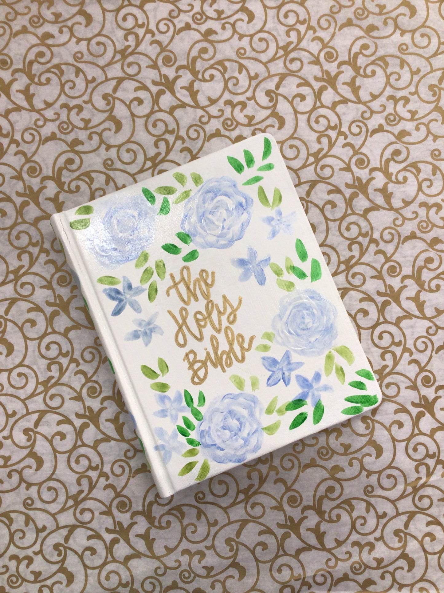 Hand Painted Bible, White & Blue Floral