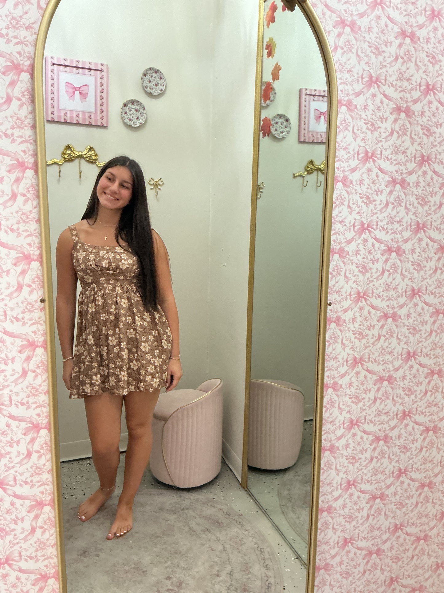 Tie Back Mini Dress, Brown/Cream Floral