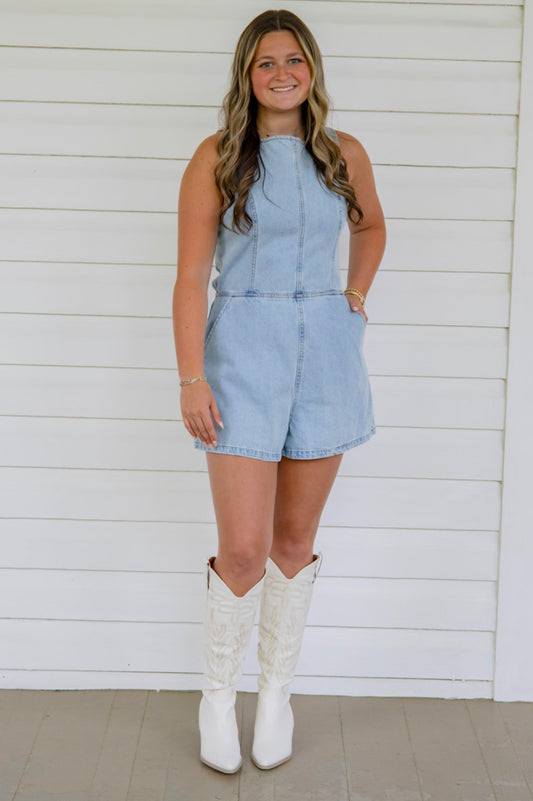 Double bow denim romper