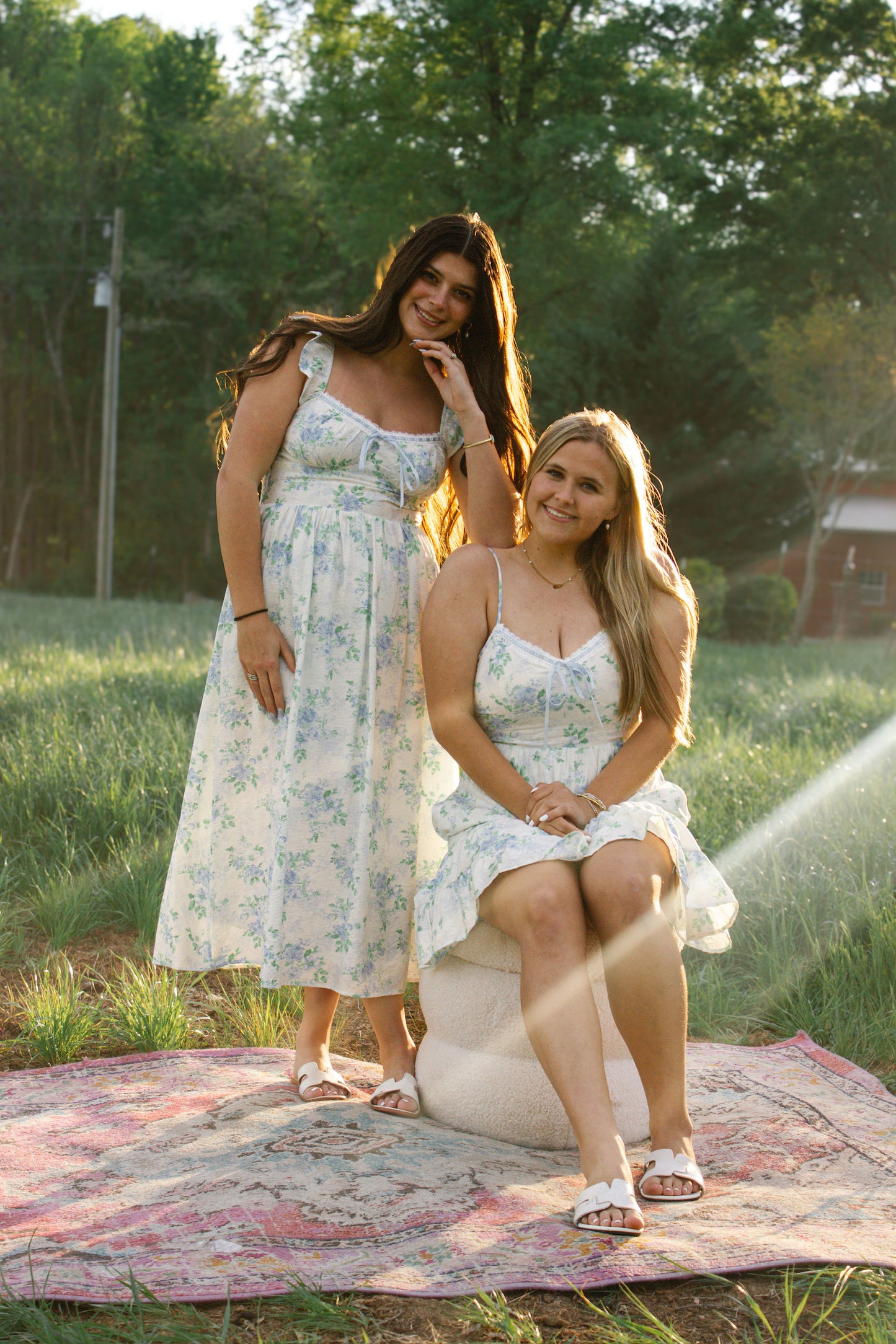Blue Floral Ribbon Tie Long Dress