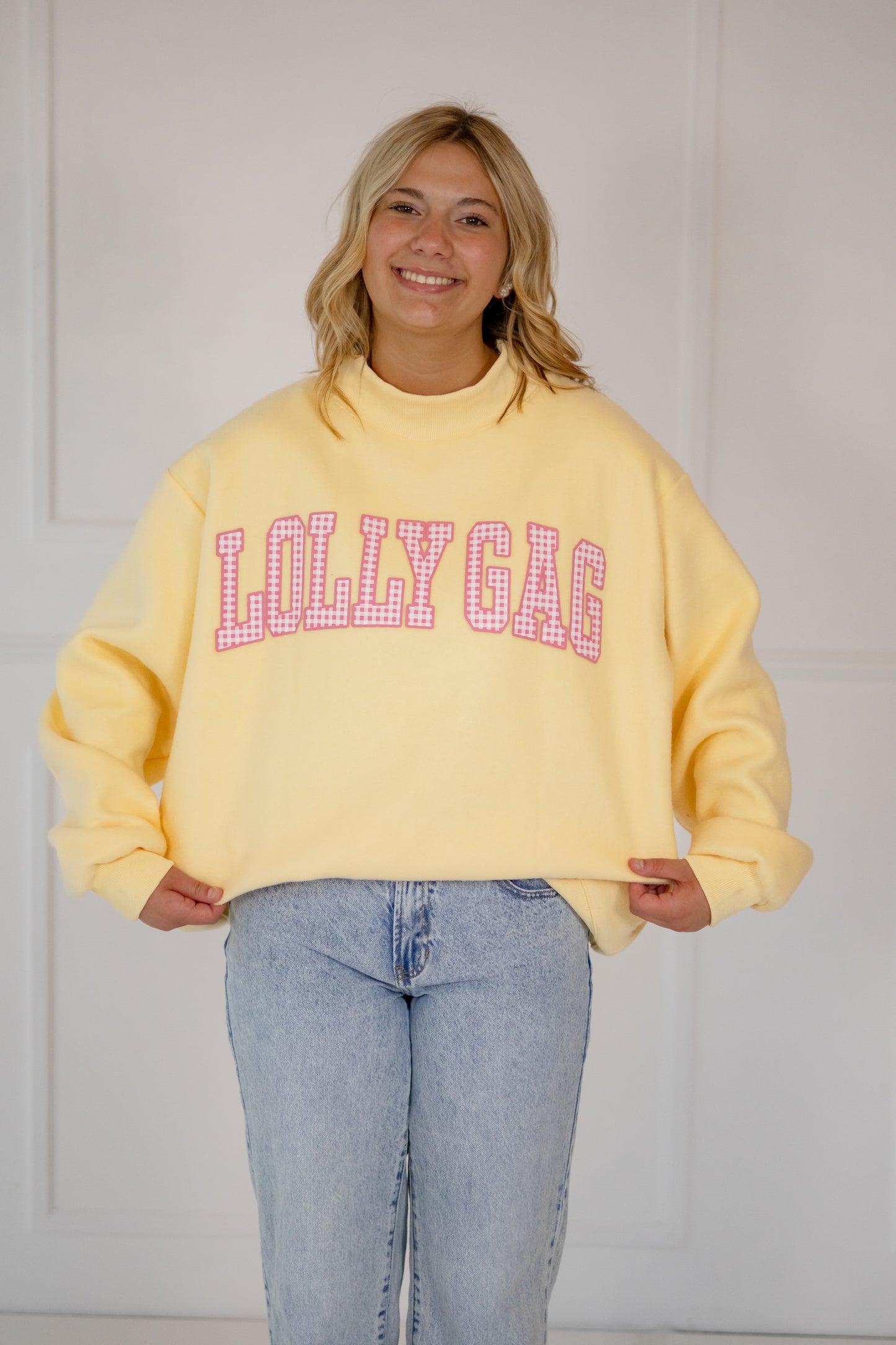 Dilly Dally/Lolly Gag Reversible Mock Neck Sweatshirt, Butter Yellow