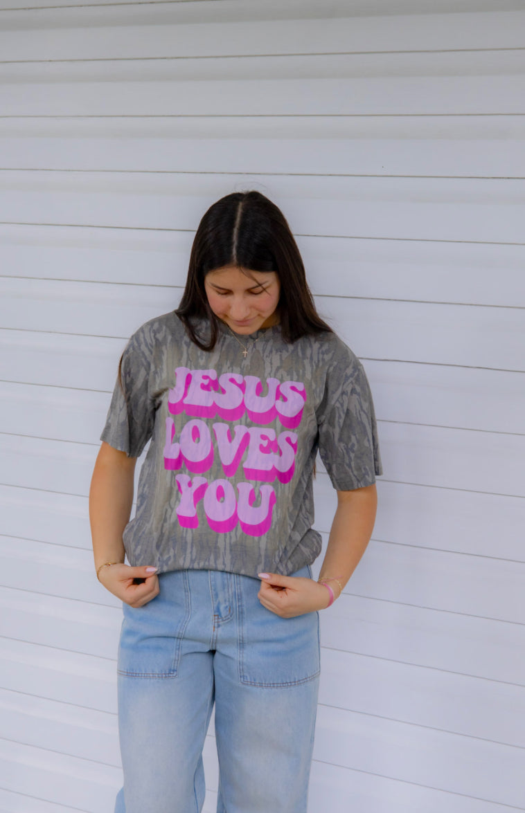 JESUS LOVES YOU on mossy oak tee!