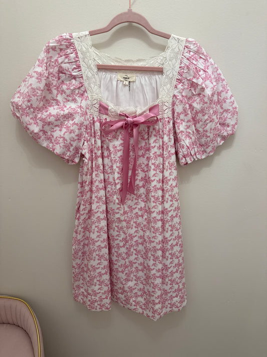 Satin Bow Trim Pink Floral Dress