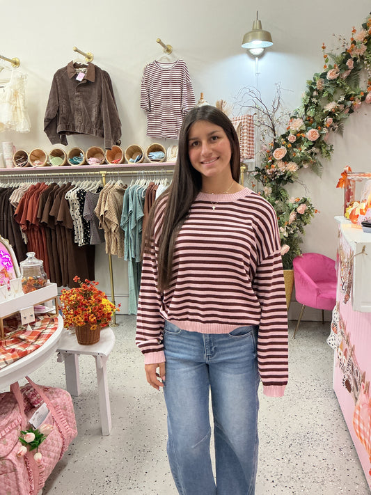 Striped Button Back Sweater, Light Pink/Brown