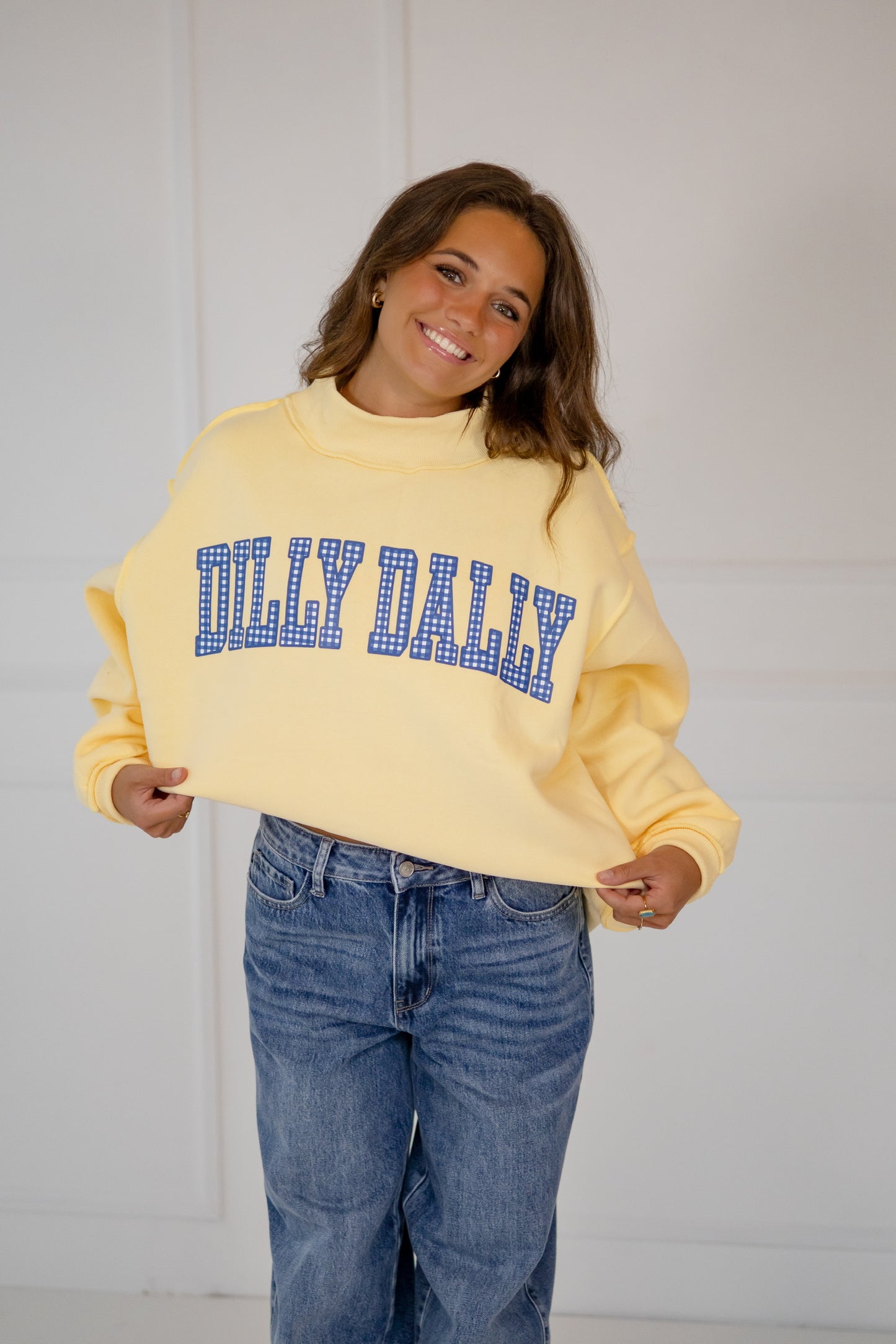 Dilly Dally/Lolly Gag Reversible Mock Neck Sweatshirt, Butter Yellow