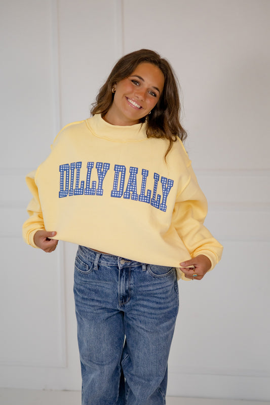 Dilly Dally/Lolly Gag Reversible Mock Neck Sweatshirt, Butter Yellow