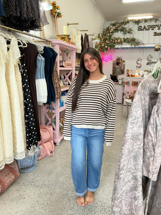 Striped Button Back Sweater, Oatmeal/Brown