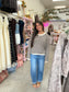Striped Button Back Sweater, Oatmeal/Brown