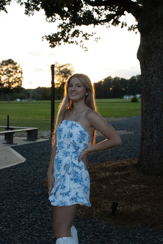 Blue floral romper strapless ￼