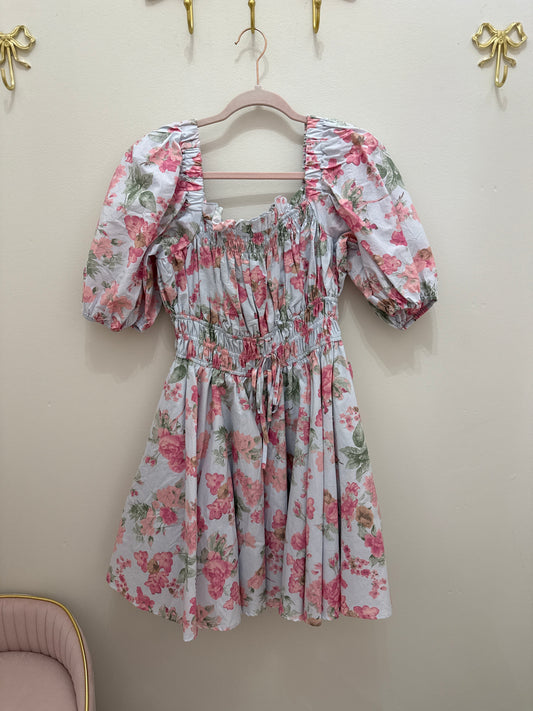 Short Dress w/Smocked Waist, Pink Floral on Gray