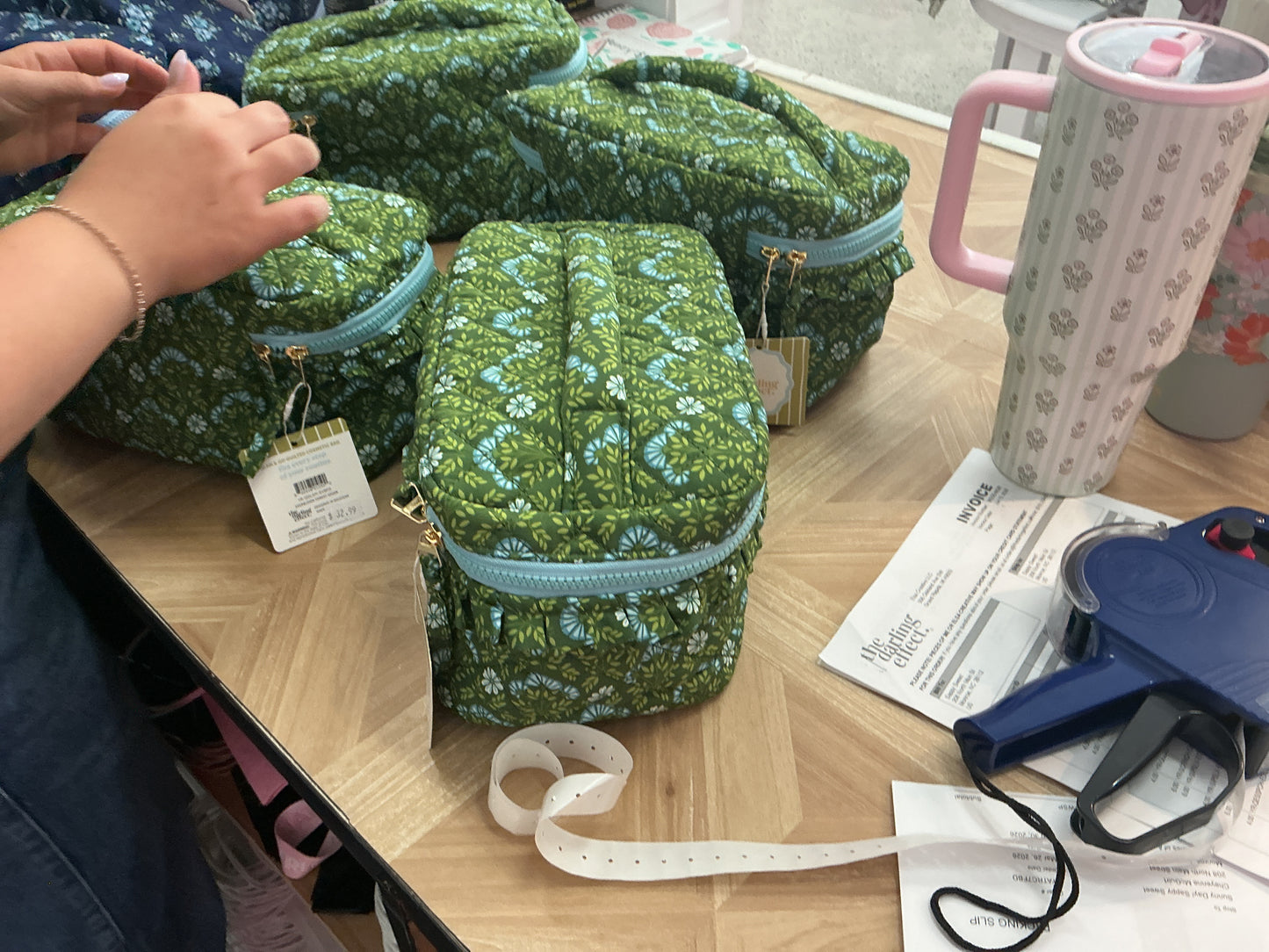 Glam and go quilted cosmetic bag ￼- everbloom forest green