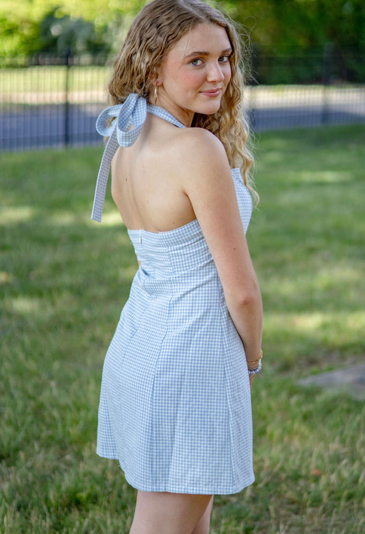 Blue Gingham Neck-tie Dress