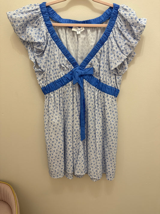 Blue Bow Trimmed Dress, White/Blue Daisy Print