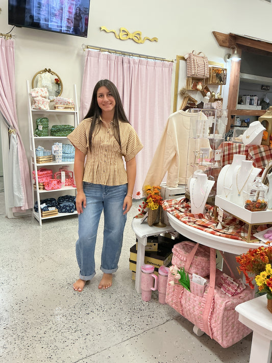 Btn Frt Top with Tucked Waist, Camel/Cream Gingham