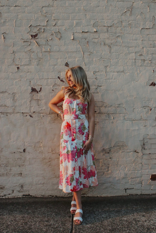 Button Front Sundress w/Self Belt,  Pink/Peach Floral