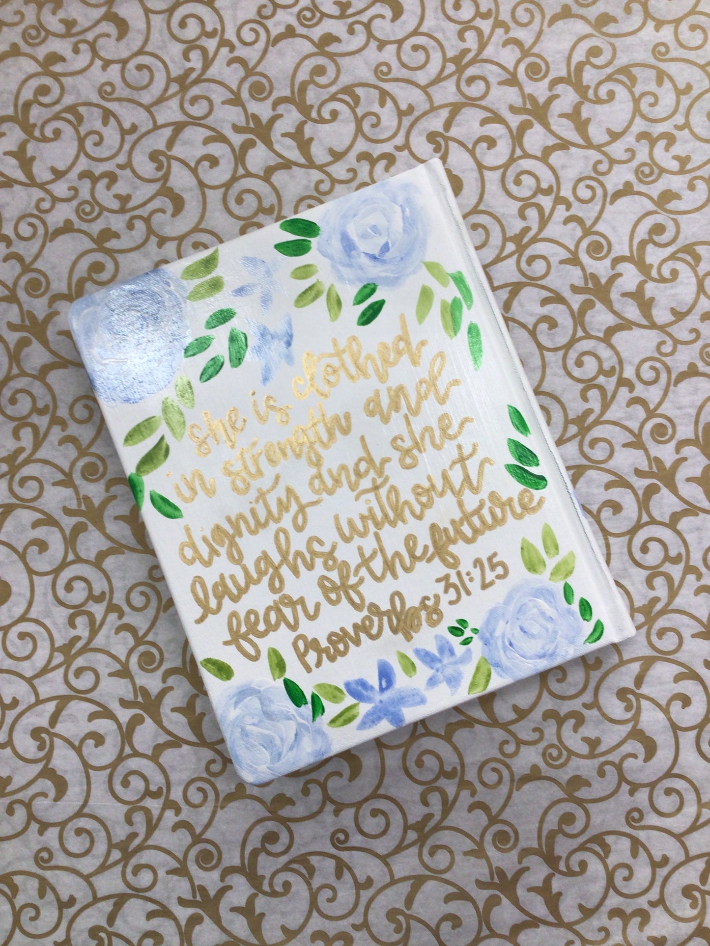 Hand Painted Bible, White & Blue Floral