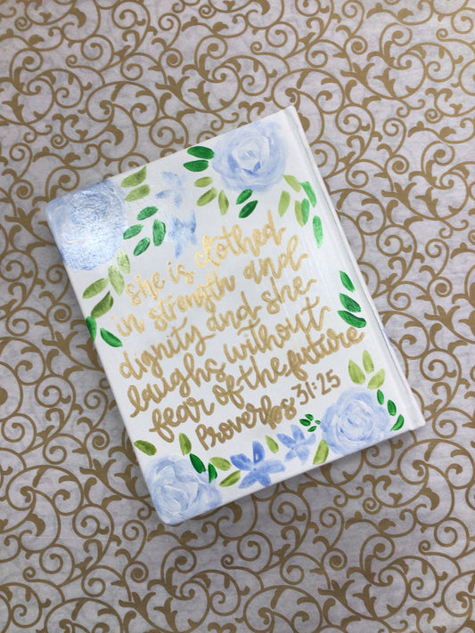 Hand Painted Bible, White & Blue Floral