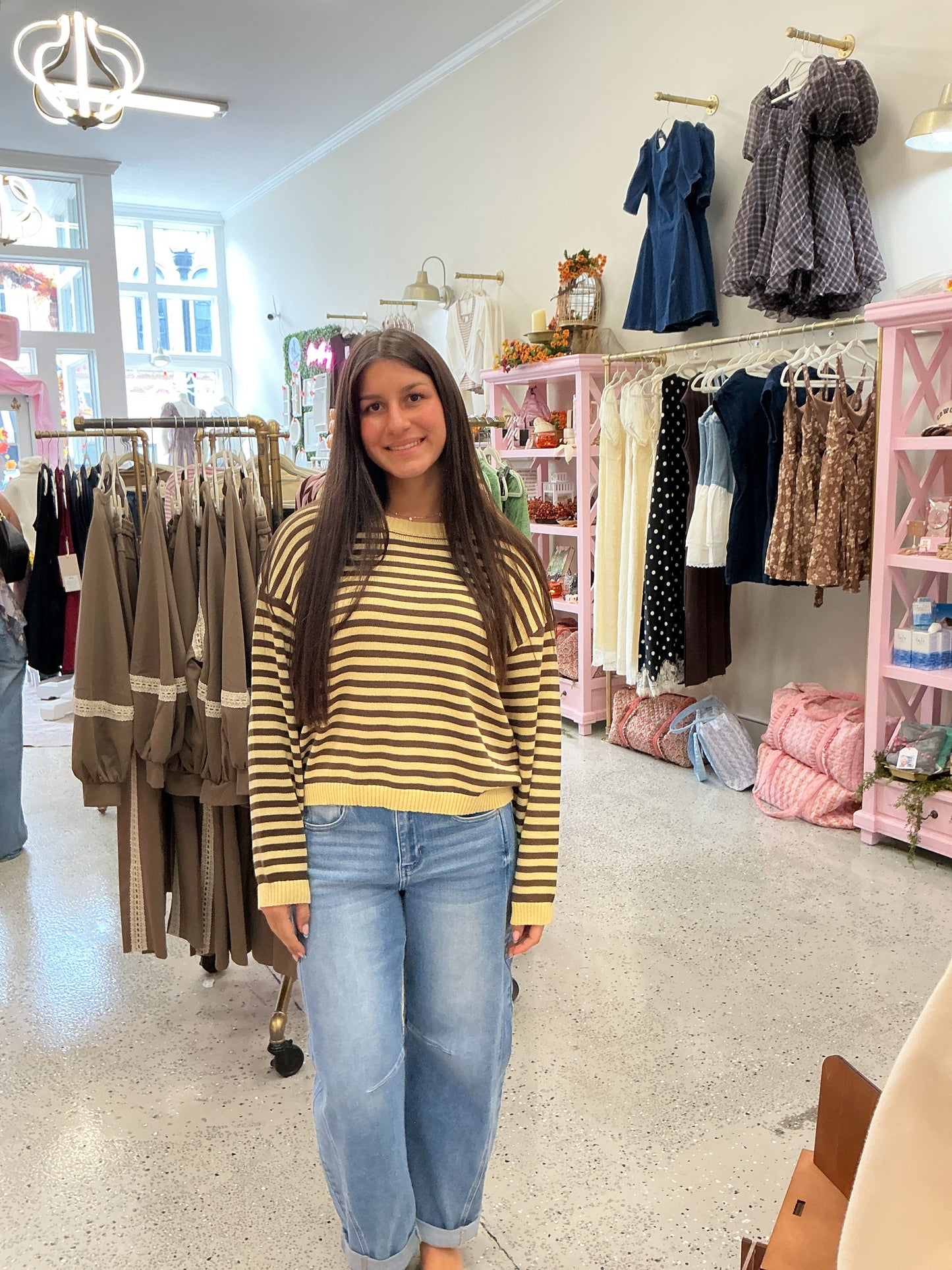 Striped Button Back Sweater, Butter Yellow/Brown