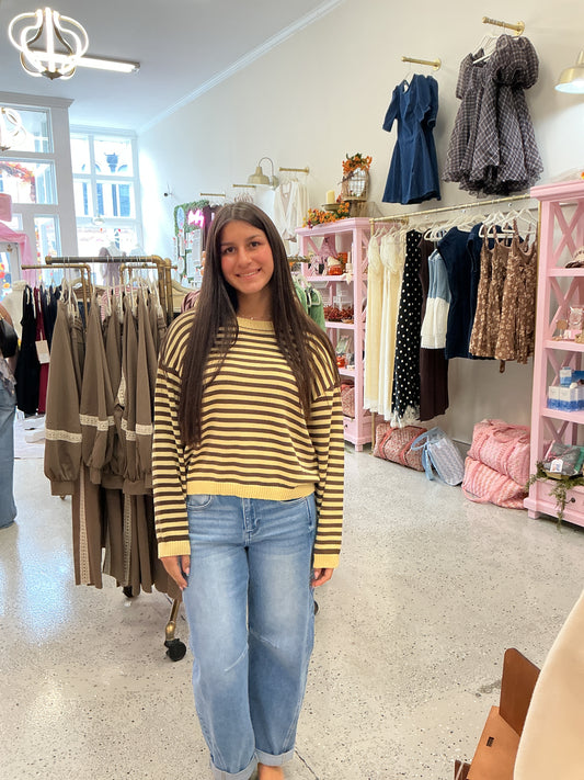 Striped Button Back Sweater, Butter Yellow/Brown