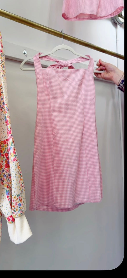 Pink Gingham Neck-tie Dress