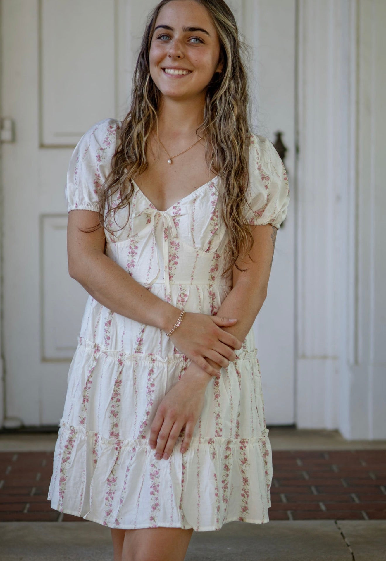 Floral Stripe Puff Sleeve Dress, Pink/Multi, PLUS