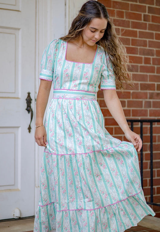 Striped Floral Cinched Waist Dress, Cream/Mint